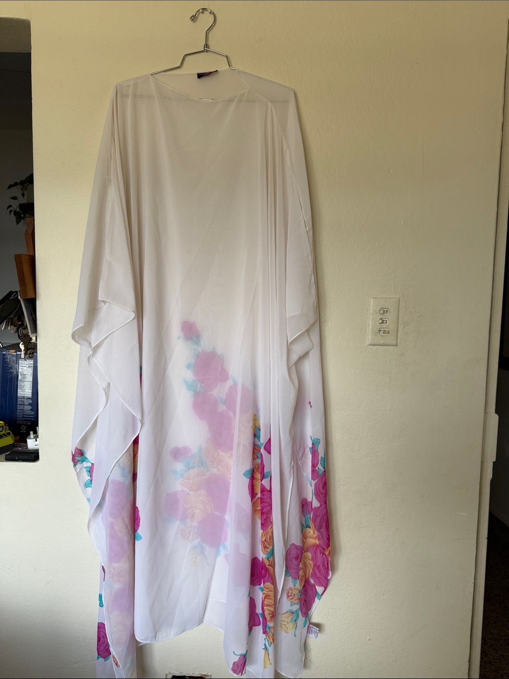 White Floral Maxi kaftan dress with Pink & Teal Accents Swim Coverup One Size